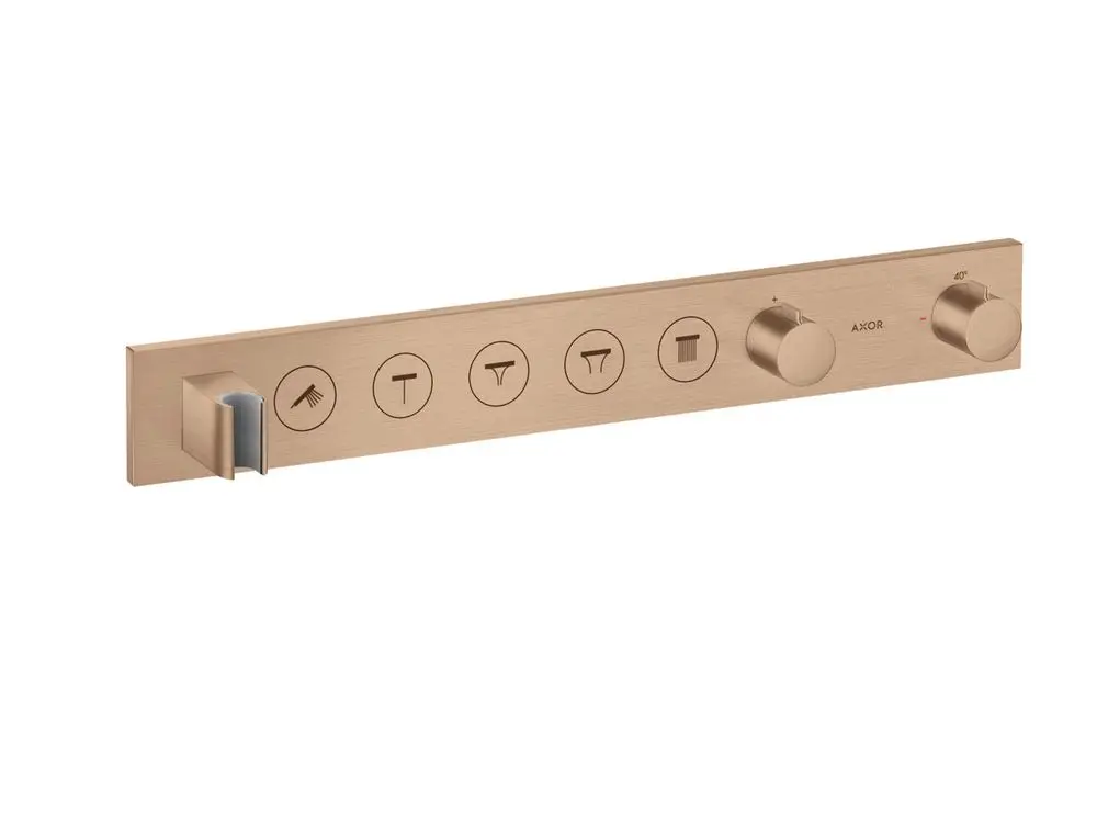 Thermostatmodul von AXOR mit fünf Steuerungsicons und zwei Drehreglern, montiert auf einer flachen Oberfläche in gebürstetem Rotgold.
